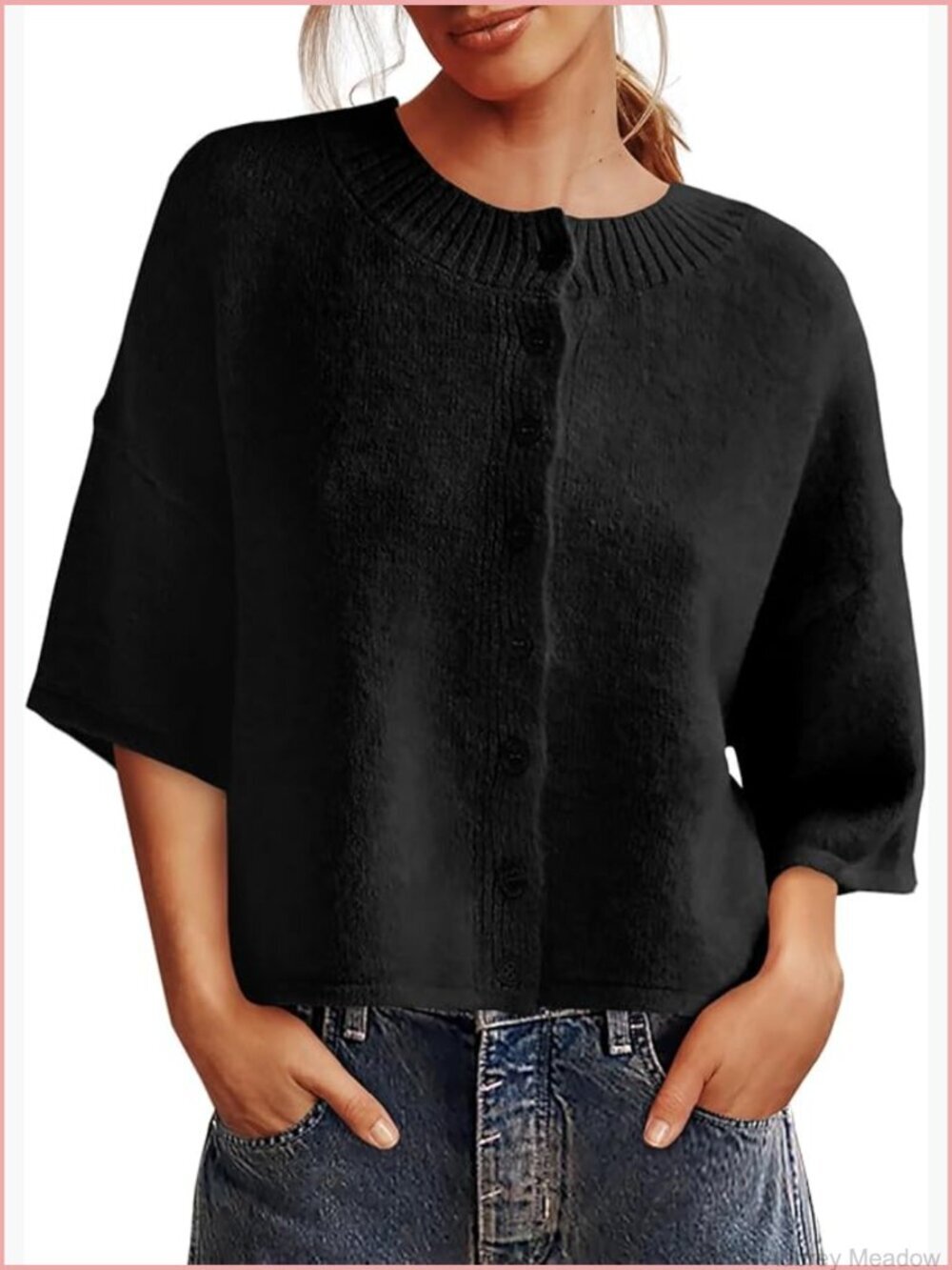 3/4 Sleeve Cropped Cardigan Button Down Crewneck Knit Sweater